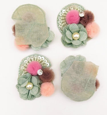 Hand Embroidered Teal Green And Pink Floral Applique, 2 Pcs